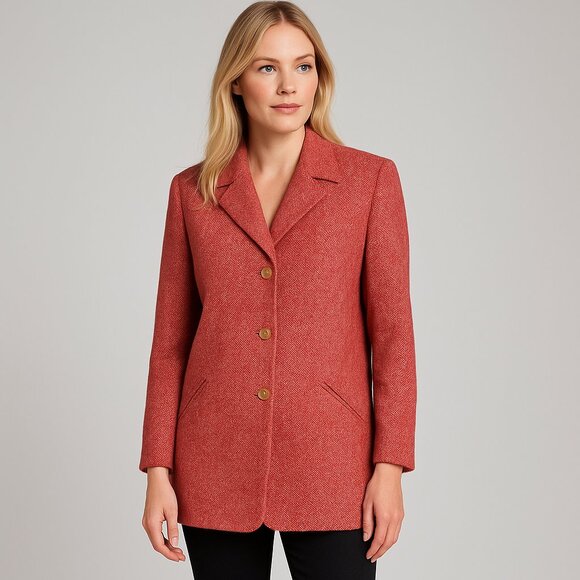 Ellen Tracey Red Herringbone Wool Single-breasted Blazer Coat Classic Office 14 - Picture 14 of 14